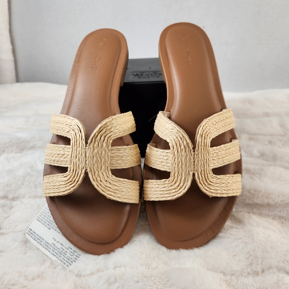 Woven Strap Tan Slide Sandals - Women